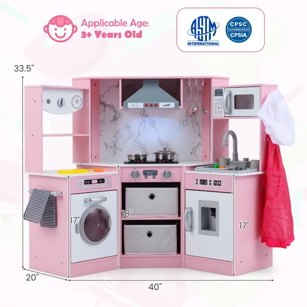 Wooden Kids Play Kitchen Playset with Realistic Lights and Sounds-Pink - Pink - Play Kitchen Sets