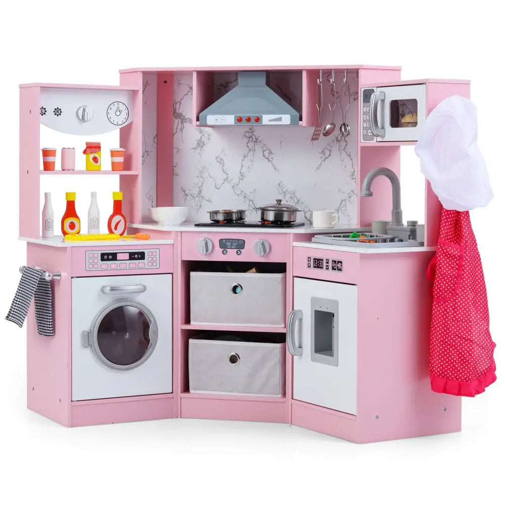 Wooden Kids Play Kitchen Playset with Realistic Lights and Sounds-Pink - Pink - Play Kitchen Sets