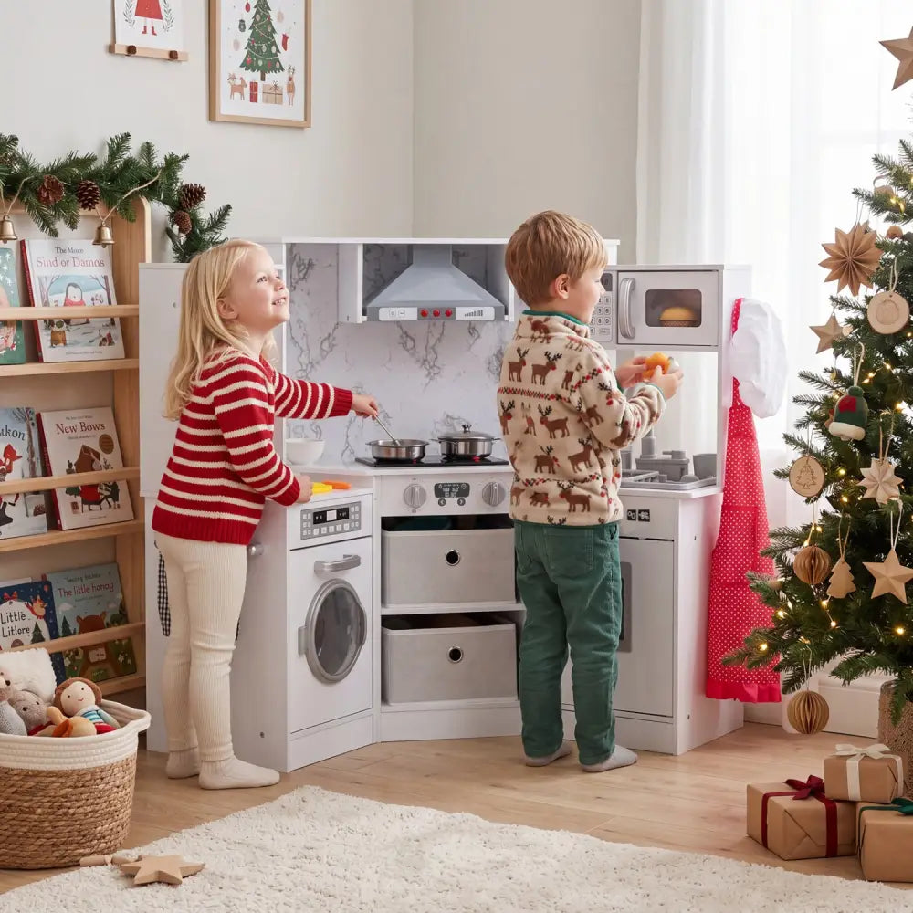 Wooden Kids Play Kitchen Playset with Realistic Lights and Sounds-White - White - Play Kitchen Sets