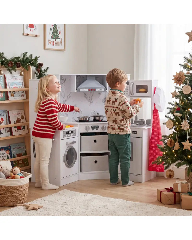 Wooden Kids Play Kitchen Playset with Realistic Lights and Sounds-White - White - Play Kitchen Sets