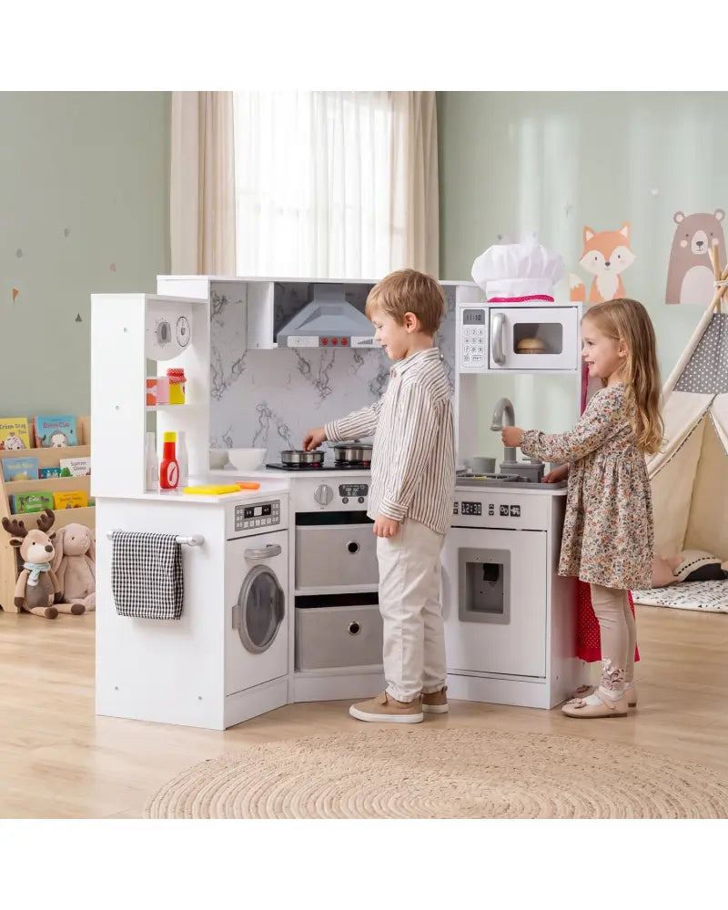 Wooden Kids Play Kitchen Playset with Realistic Lights and Sounds-White - White - Play Kitchen Sets