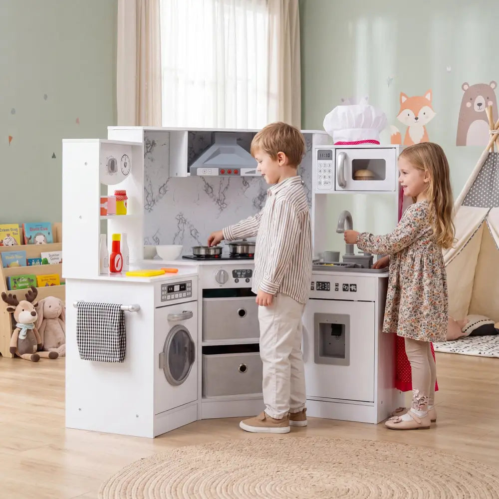 Wooden Kids Play Kitchen Playset with Realistic Lights and Sounds-White - White - Play Kitchen Sets