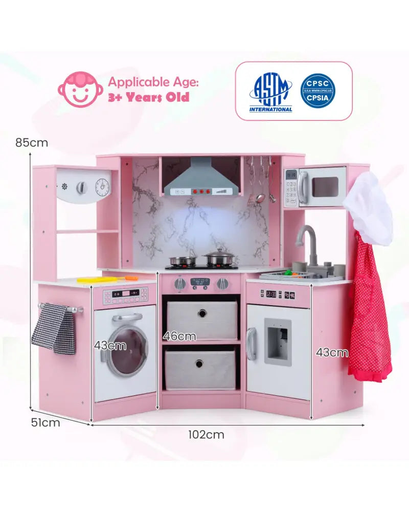 Wooden Kids Play Kitchen Playset with Realistic Lights and Sounds-Pink - Pink - Play Kitchen Sets