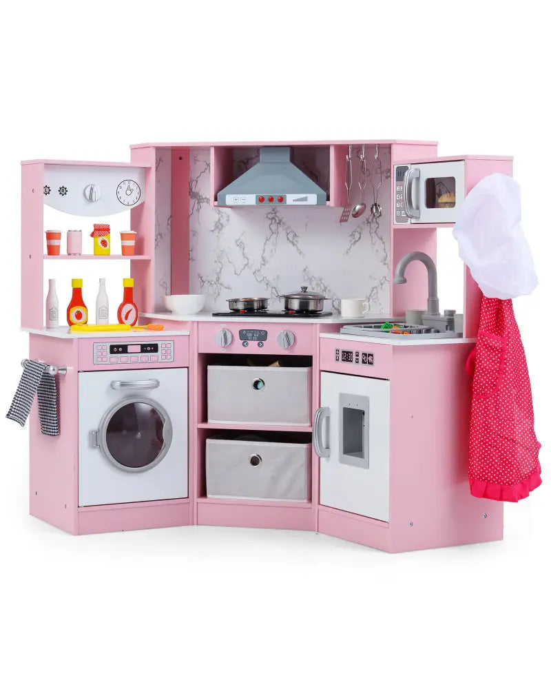 Wooden Kids Play Kitchen Playset with Realistic Lights and Sounds-Pink - Pink - Play Kitchen Sets