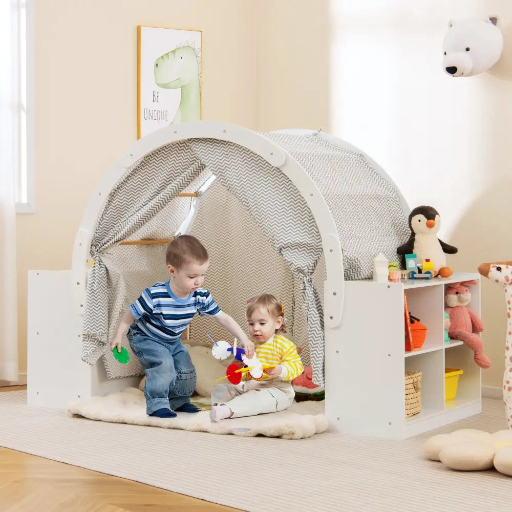 Wooden Kids Play Tent with Curtain Shades and 8 Cubbies-White - White - Play Tents & Playhouse