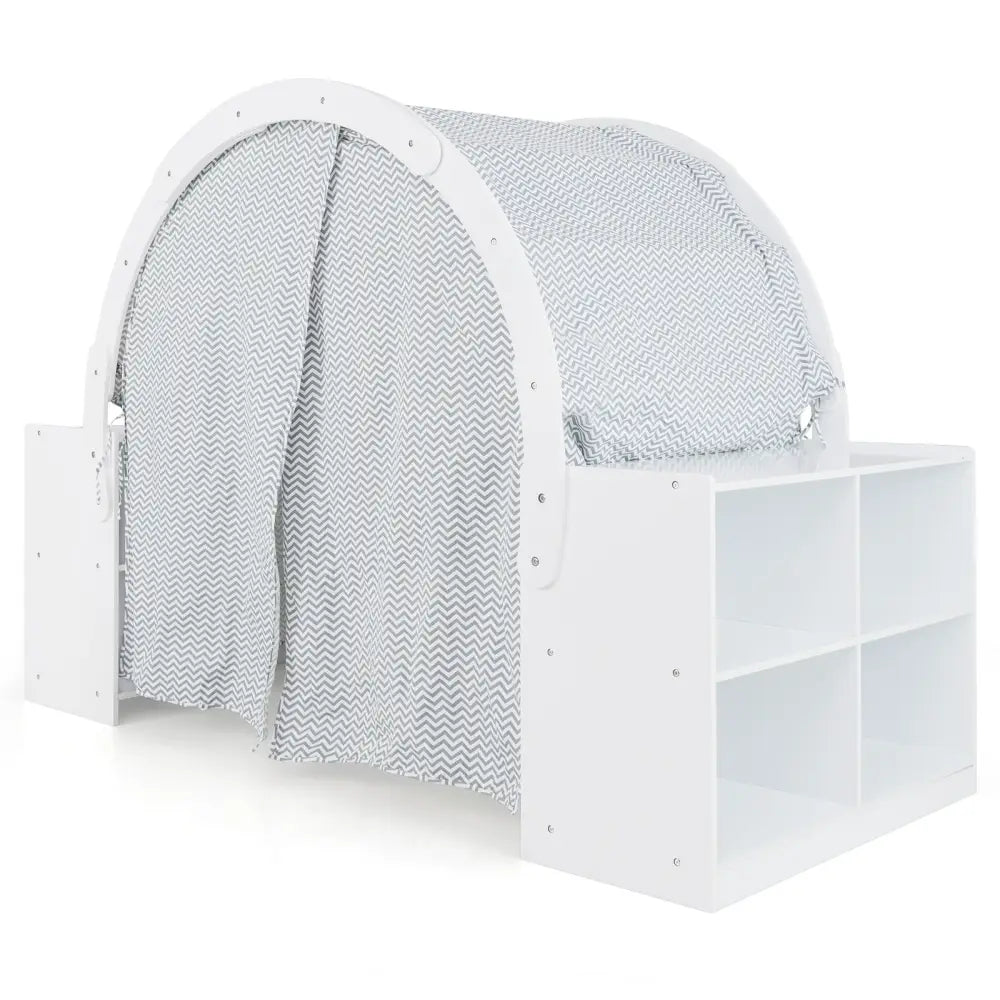 Wooden Kids Play Tent with Curtain Shades and 8 Cubbies-White - White - Play Tents & Playhouse