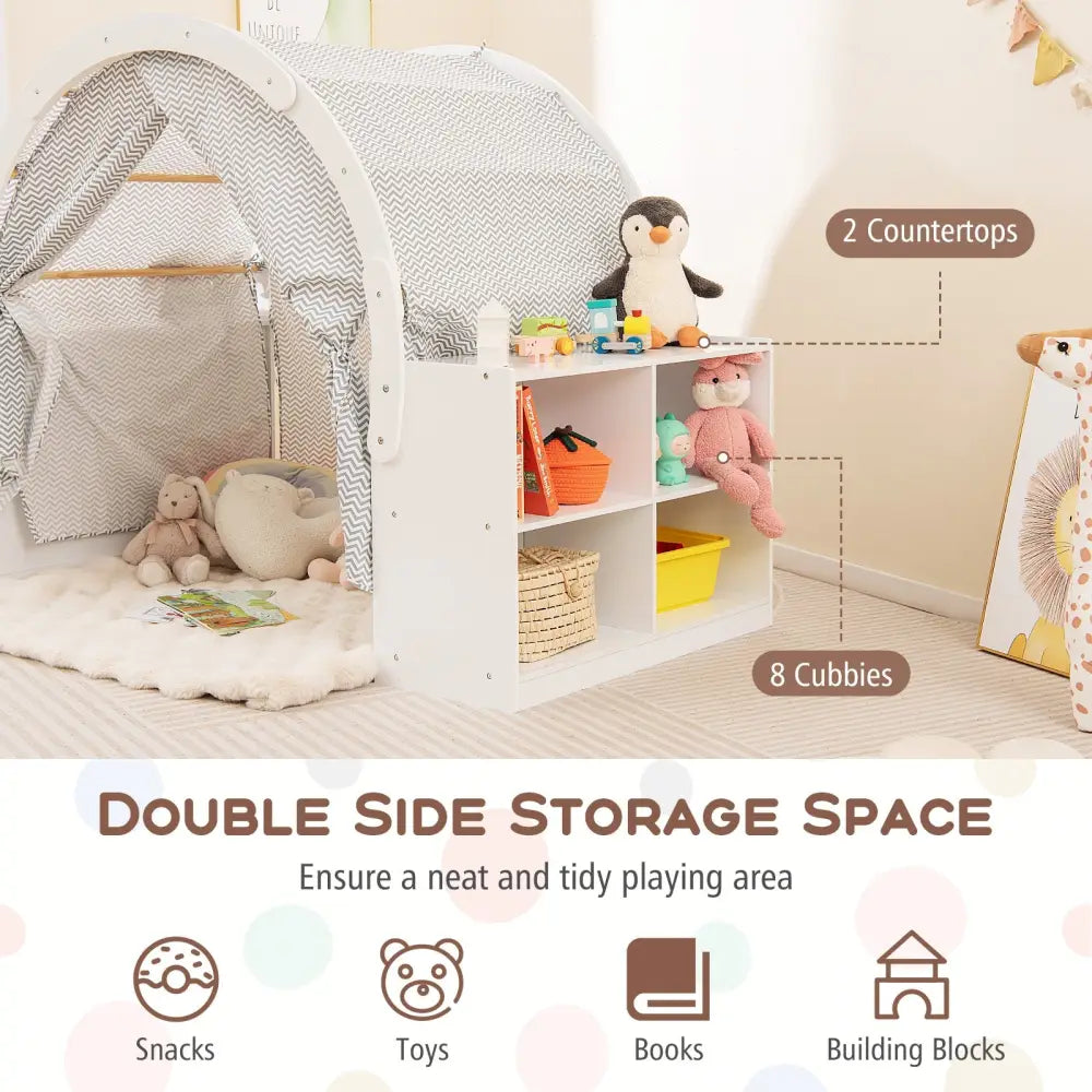 Wooden Kids Play Tent with Curtain Shades and 8 Cubbies-White - White - Play Tents & Playhouse