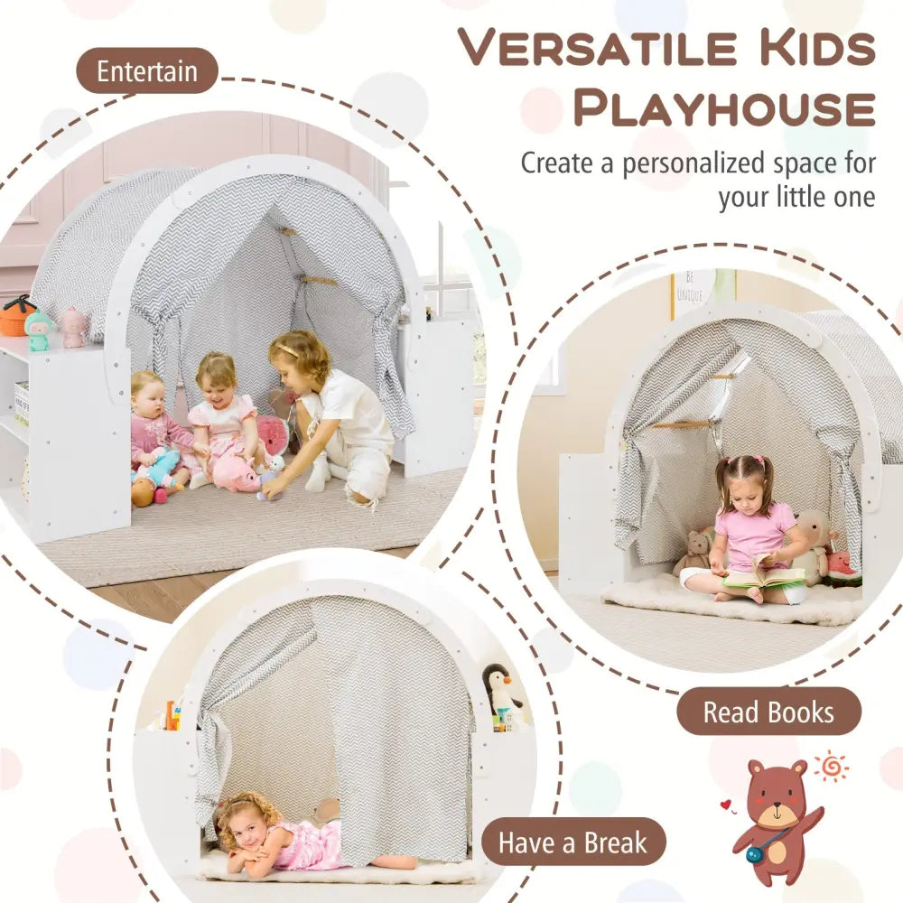 Wooden Kids Play Tent with Curtain Shades and 8 Cubbies-White - White - Play Tents & Playhouse