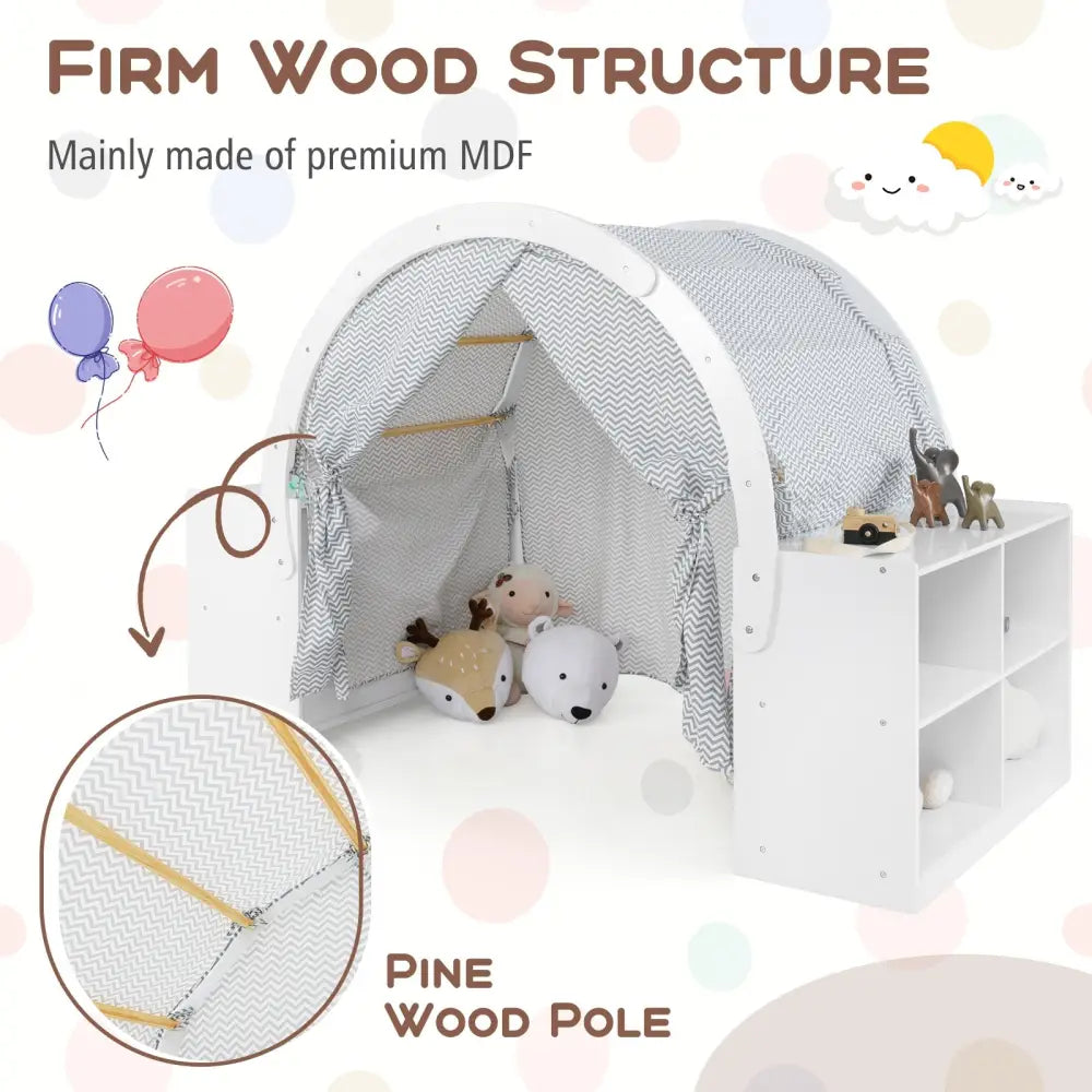 Wooden Kids Play Tent with Curtain Shades and 8 Cubbies-White - White - Play Tents & Playhouse