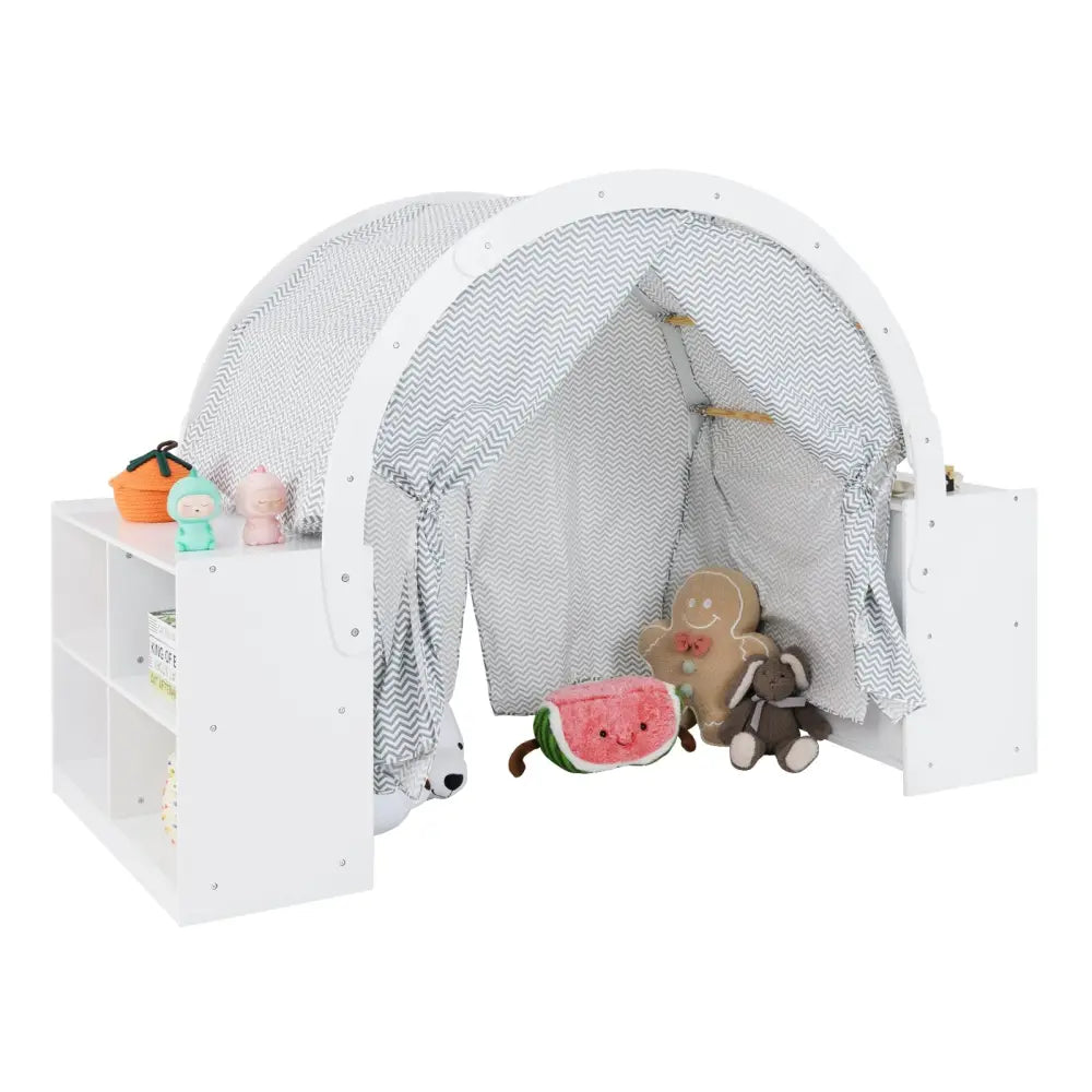 Wooden Kids Play Tent with Curtain Shades and 8 Cubbies-White - White - Play Tents & Playhouse