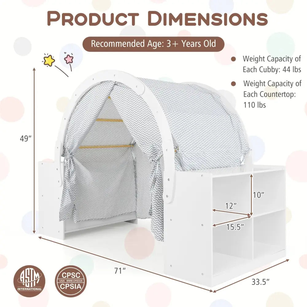 Wooden Kids Play Tent with Curtain Shades and 8 Cubbies-White - White - Play Tents & Playhouse