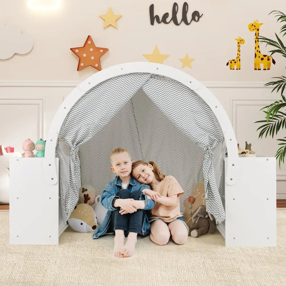 Wooden Kids Play Tent with Curtain Shades and 8 Cubbies-White - White - Play Tents & Playhouse