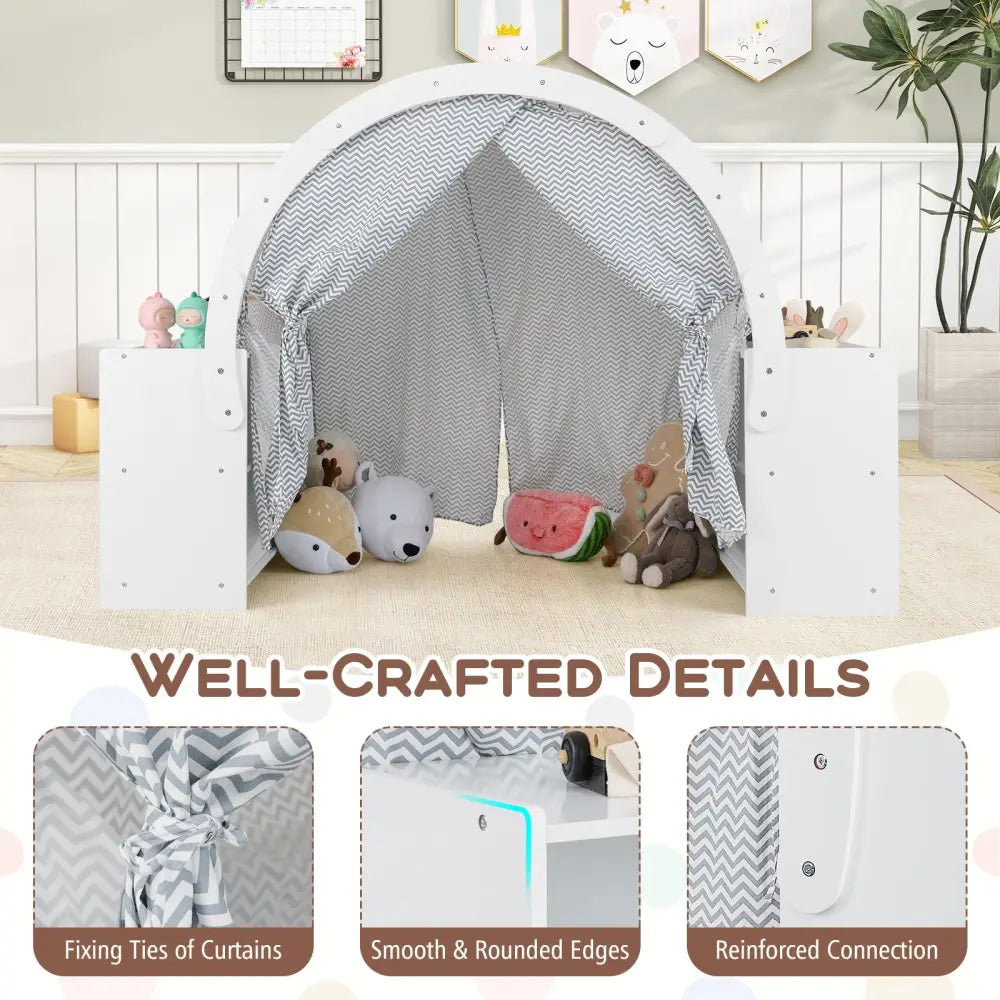 Wooden Kids Play Tent with Curtain Shades and 8 Cubbies-White - White - Play Tents & Playhouse