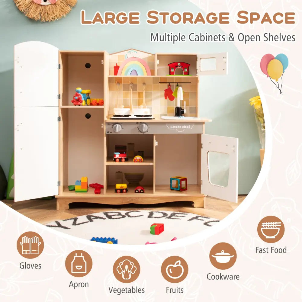 Wooden Kids Pretend Kitchen Playset Cooking Play Toy with Utensils and Sound - White - Play Kitchen Sets