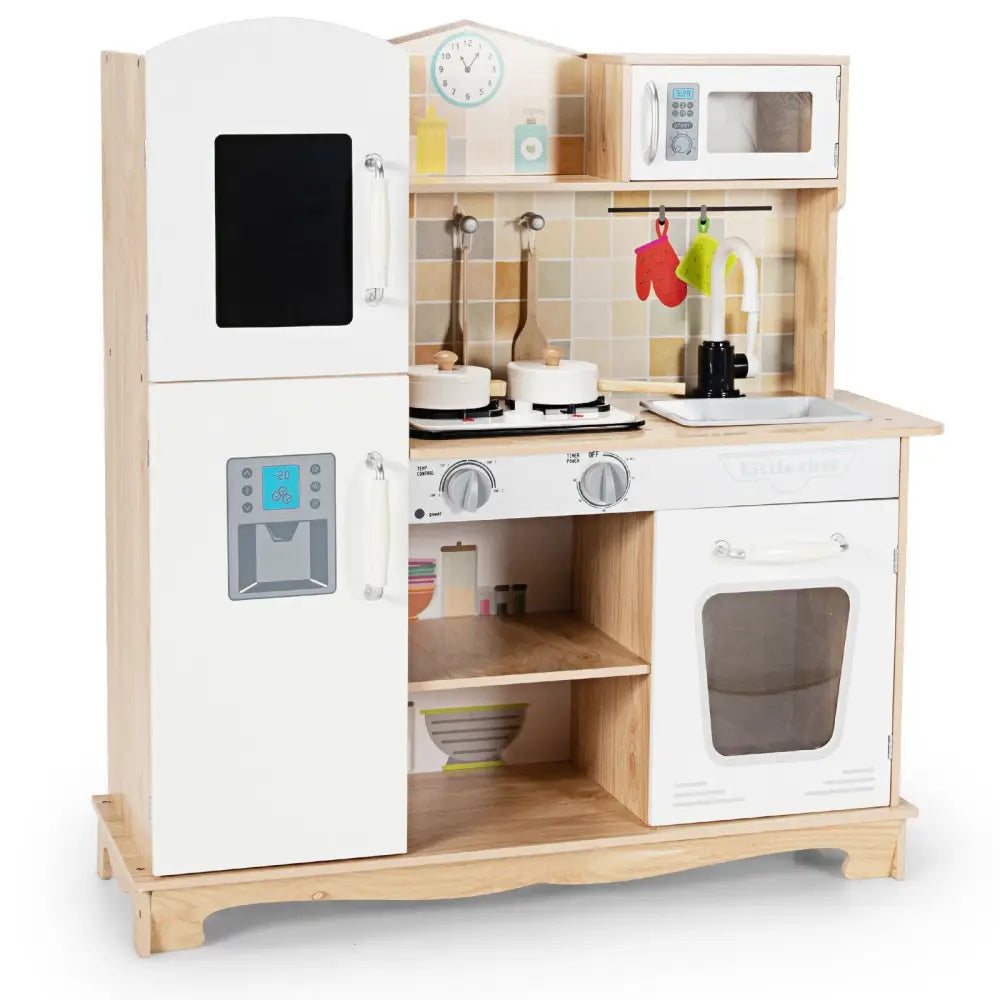 Wooden Kids Pretend Kitchen Playset Cooking Play Toy with Utensils and Sound - White - Play Kitchen Sets