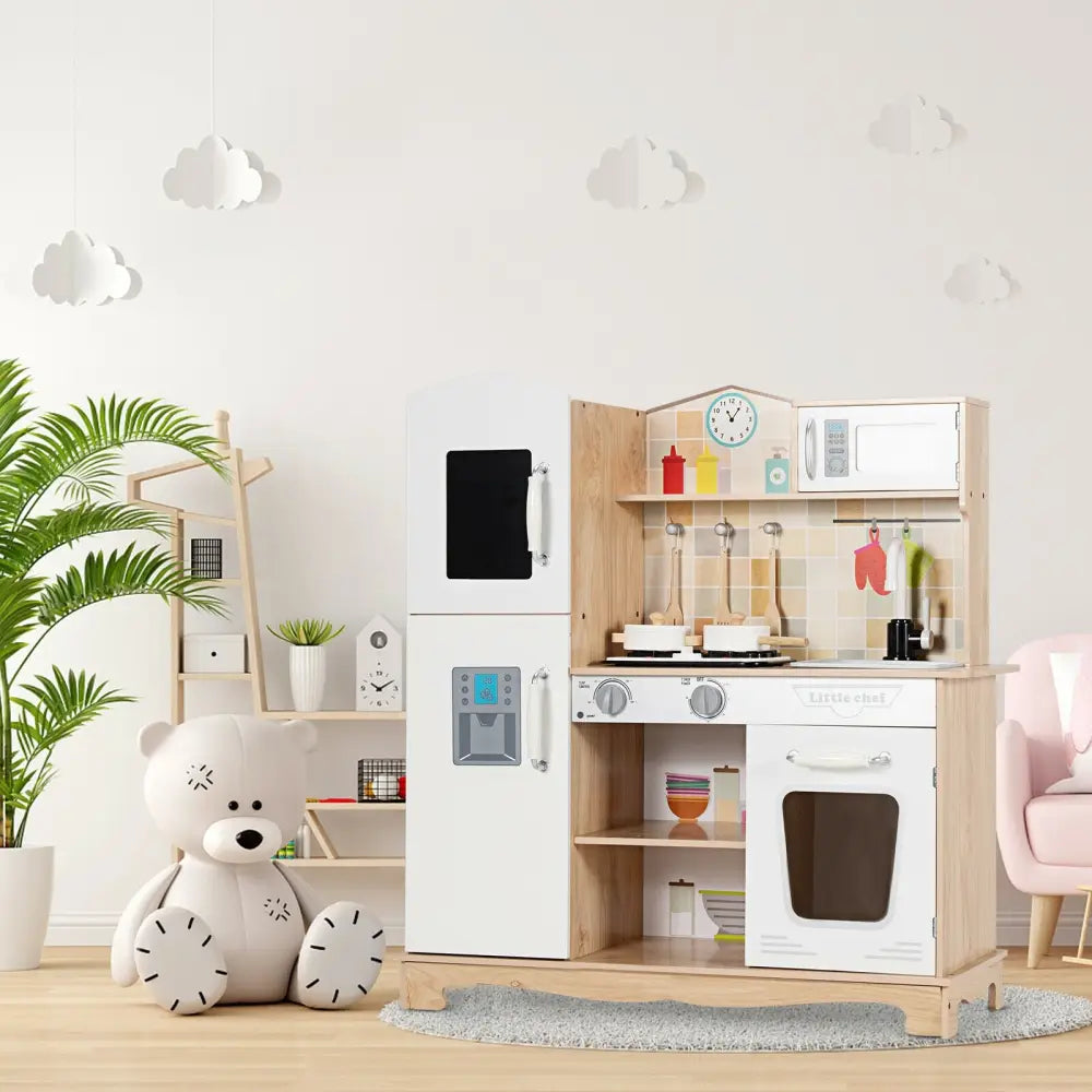 Wooden Kids Pretend Kitchen Playset Cooking Play Toy with Utensils and Sound - White - Play Kitchen Sets