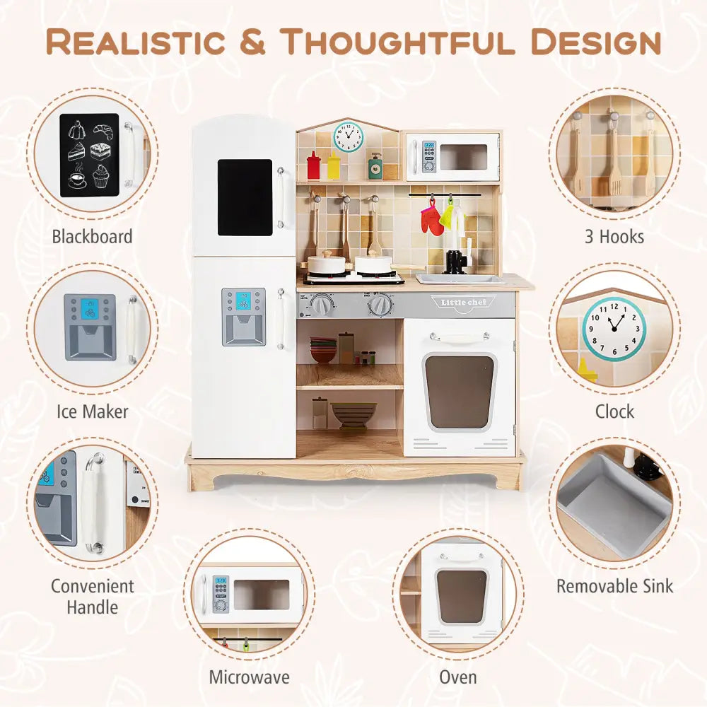 Wooden Kids Pretend Kitchen Playset Cooking Play Toy with Utensils and Sound - White - Play Kitchen Sets