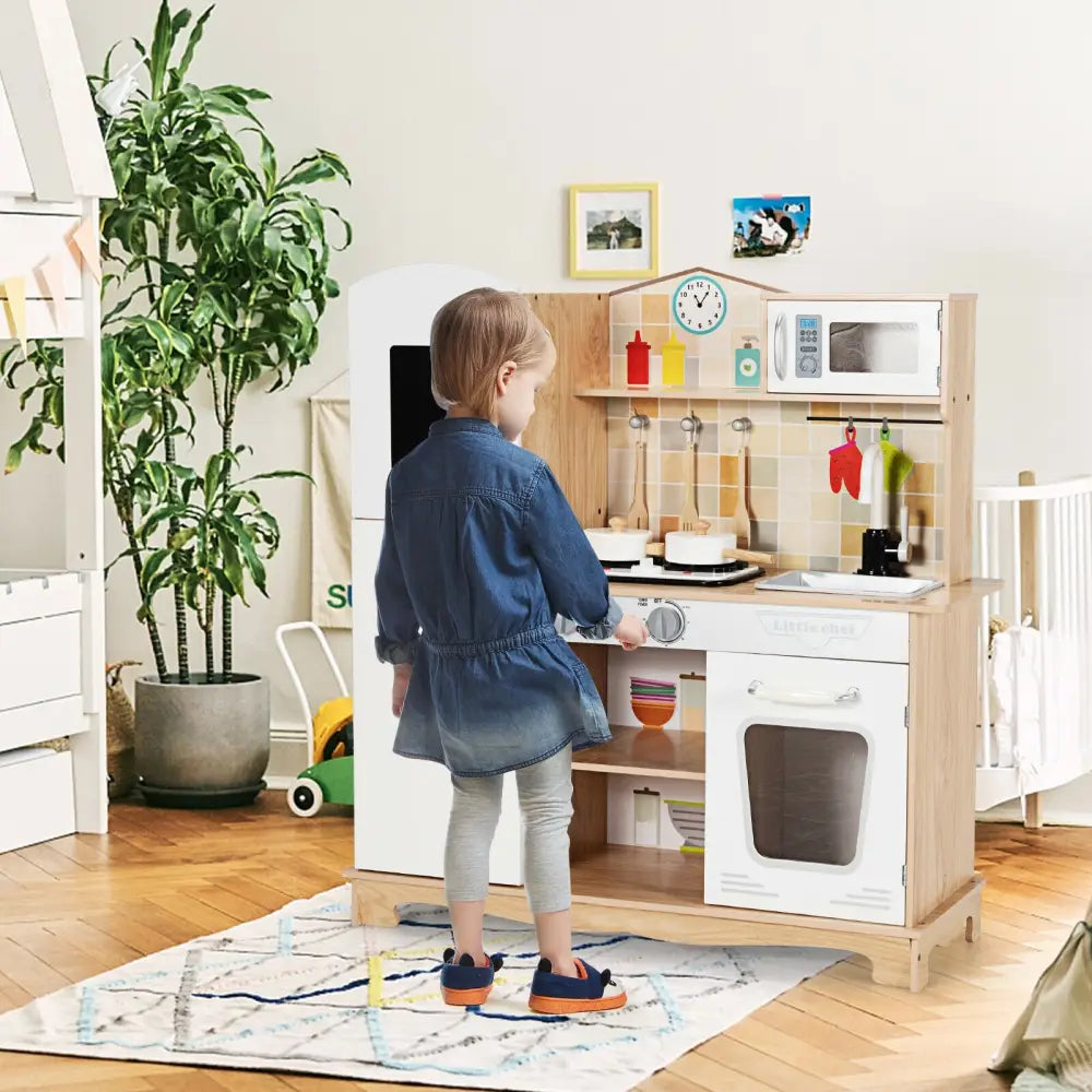Wooden Kids Pretend Kitchen Playset Cooking Play Toy with Utensils and Sound - White - Play Kitchen Sets