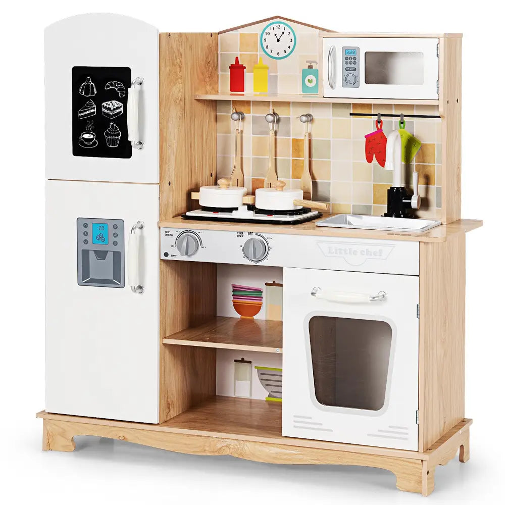Wooden Kids Pretend Kitchen Playset Cooking Play Toy with Utensils and Sound - White - Play Kitchen Sets
