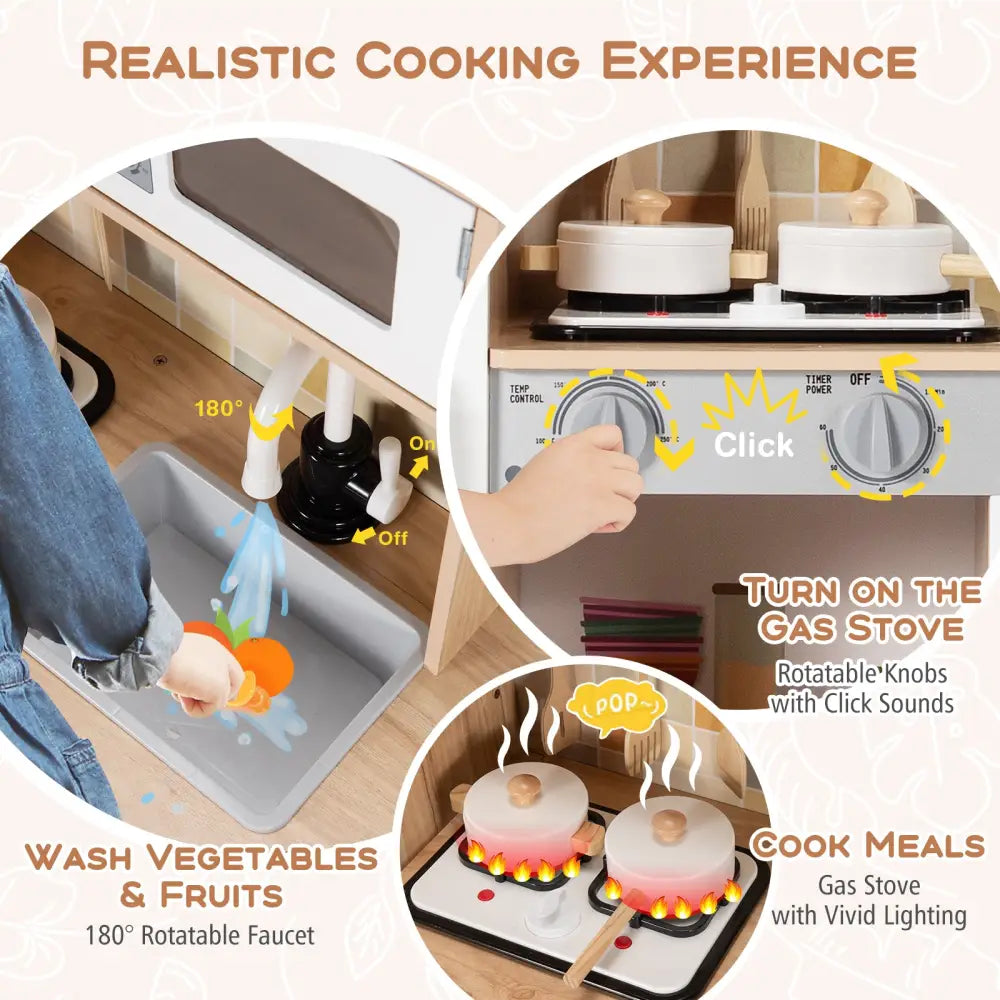 Wooden Kids Pretend Kitchen Playset Cooking Play Toy with Utensils and Sound - White - Play Kitchen Sets