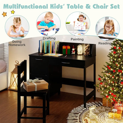 Wooden Kids Study Desk and Chair Set Student Workstation-Black - Black - Kids Table & Chair Sets