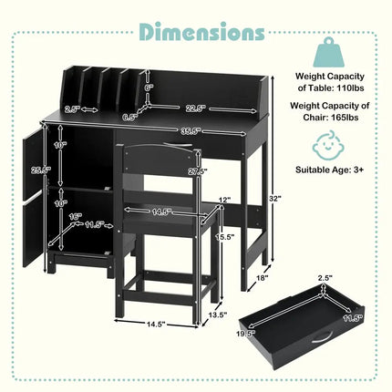 Wooden Kids Study Desk and Chair Set Student Workstation-Black - Black - Kids Table & Chair Sets