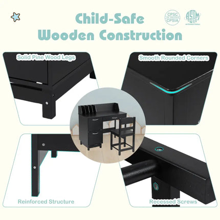 Wooden Kids Study Desk and Chair Set Student Workstation-Black - Black - Kids Table & Chair Sets