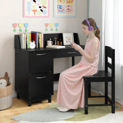 Wooden Kids Study Desk and Chair Set Student Workstation-Black - Black - Kids Table & Chair Sets