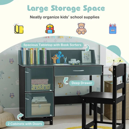Wooden Kids Study Desk and Chair Set Student Workstation-Black - Black - Kids Table & Chair Sets