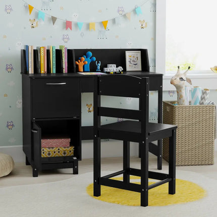 Wooden Kids Study Desk and Chair Set Student Workstation-Black - Black - Kids Table & Chair Sets