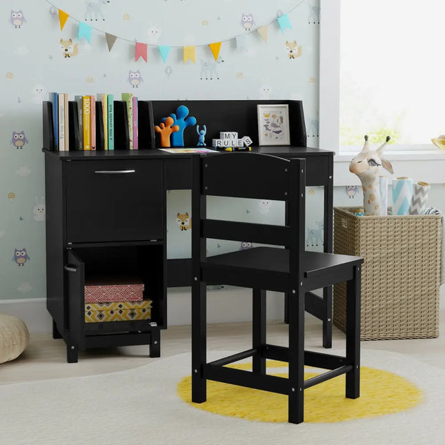 Wooden Kids Study Desk and Chair Set Student Workstation-Black - Black - Kids Table & Chair Sets
