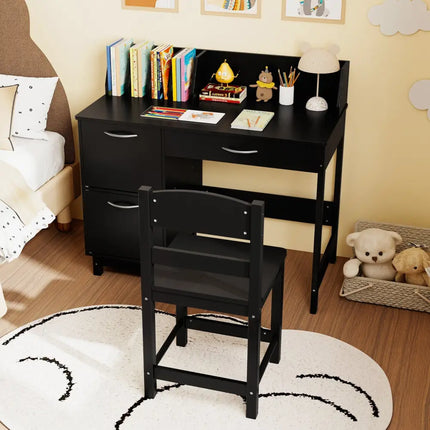 Wooden Kids Study Desk and Chair Set Student Workstation-Black - Black - Kids Table & Chair Sets