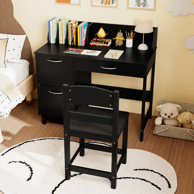 Wooden Kids Study Desk and Chair Set Student Workstation-Black - Black - Kids Table & Chair Sets