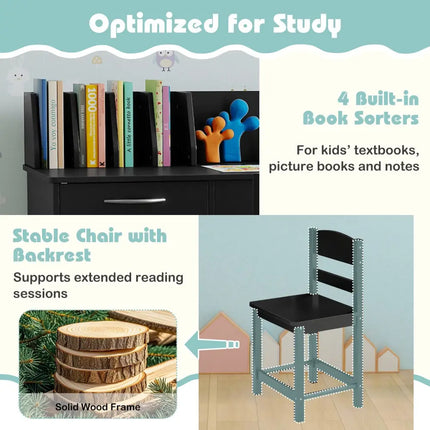 Wooden Kids Study Desk and Chair Set Student Workstation-Black - Black - Kids Table & Chair Sets