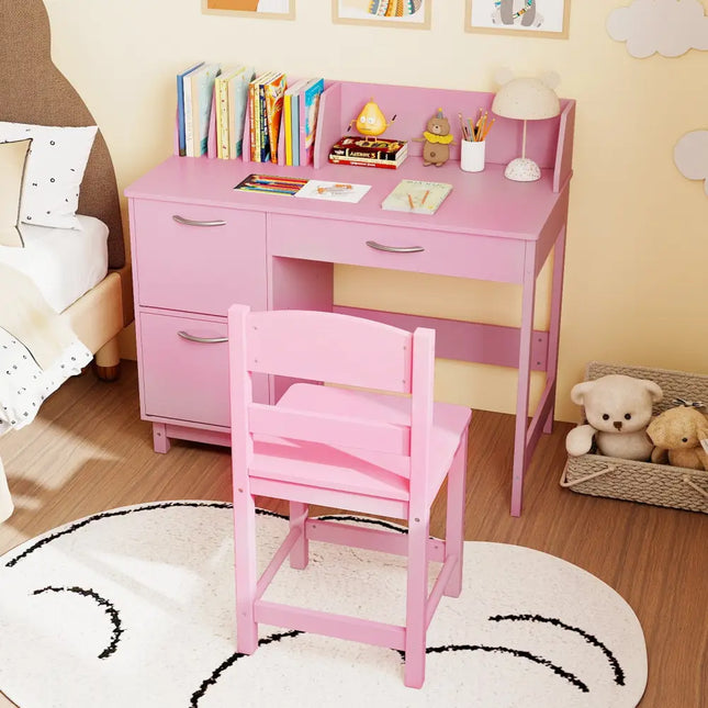Wooden Kids Study Desk and Chair Set Student Workstation-Pink - Pink - Kids Table & Chair Sets