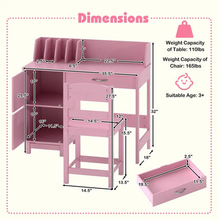 Wooden Kids Study Desk and Chair Set Student Workstation-Pink - Pink - Kids Table & Chair Sets