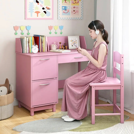 Wooden Kids Study Desk and Chair Set Student Workstation-Pink - Pink - Kids Table & Chair Sets
