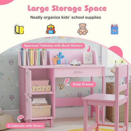 Wooden Kids Study Desk and Chair Set Student Workstation-Pink - Pink - Kids Table & Chair Sets