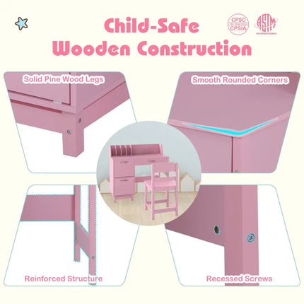 Wooden Kids Study Desk and Chair Set Student Workstation-Pink - Pink - Kids Table & Chair Sets