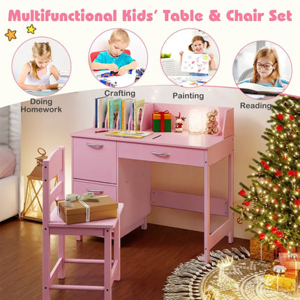 Wooden Kids Study Desk and Chair Set Student Workstation-Pink - Pink - Kids Table & Chair Sets