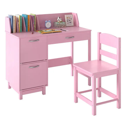 Wooden Kids Study Desk and Chair Set Student Workstation-Pink - Pink - Kids Table & Chair Sets
