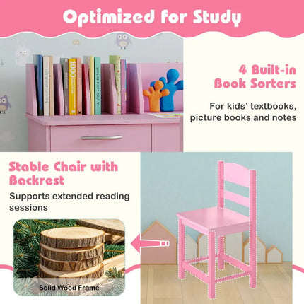 Wooden Kids Study Desk and Chair Set Student Workstation-Pink - Pink - Kids Table & Chair Sets
