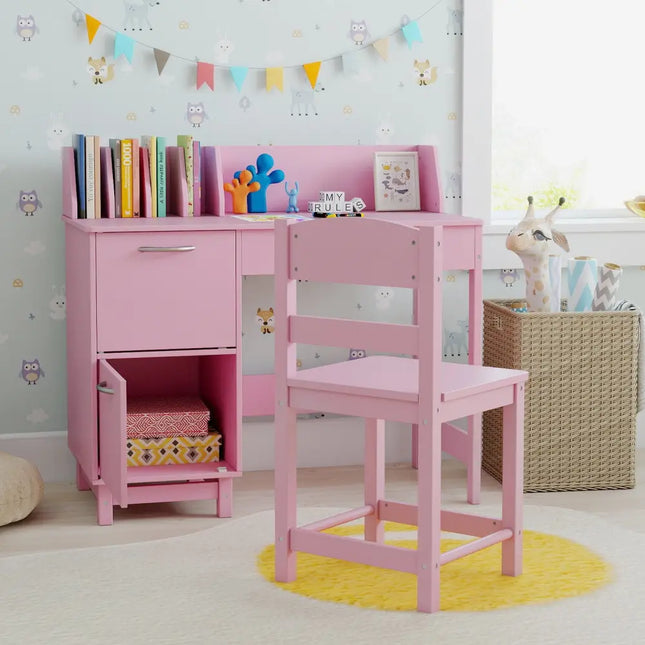 Wooden Kids Study Desk and Chair Set Student Workstation-Pink - Pink - Kids Table & Chair Sets