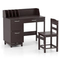 Wooden Kids Study Desk and Chair Set with Drawer and 2 Storage Cabinets-Dark Brown - Dark Brown - Kids Table & Chair
