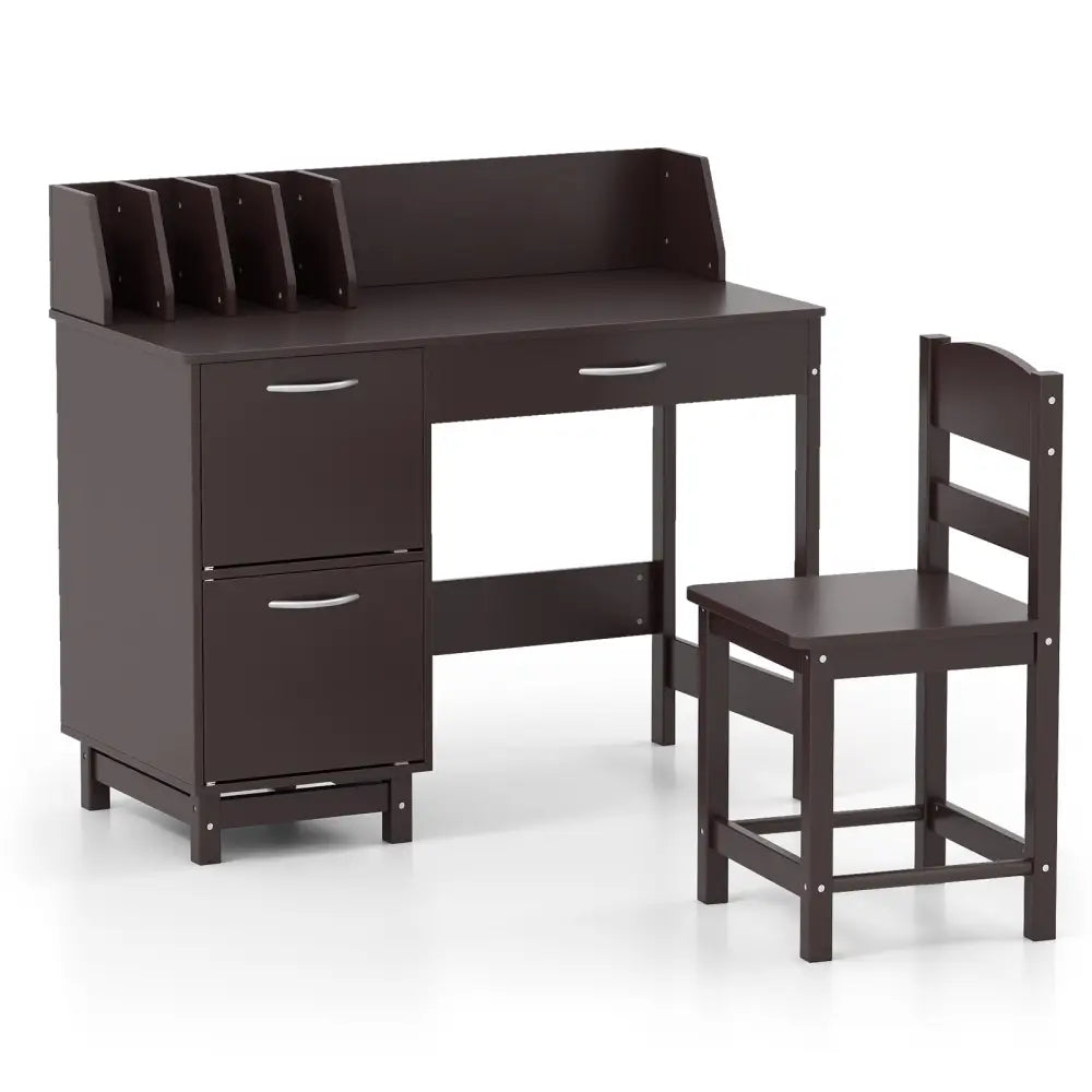 Wooden Kids Study Desk and Chair Set with Drawer and 2 Storage Cabinets-Dark Brown - Dark Brown - Kids Table & Chair