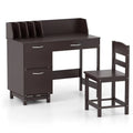 Wooden Kids Study Desk and Chair Set with Drawer and 2 Storage Cabinets-Dark Brown - Dark Brown - Kids Table & Chair