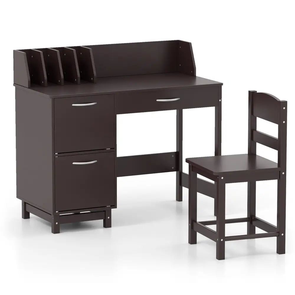 Wooden Kids Study Desk and Chair Set with Drawer and 2 Storage Cabinets-Dark Brown - Dark Brown - Kids Table & Chair
