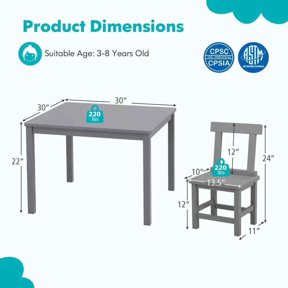 Wooden Kids Table and 2 Chairs Set with Anti-slip Foot Pads-Gray - Gray - Kids Table & Chair Sets