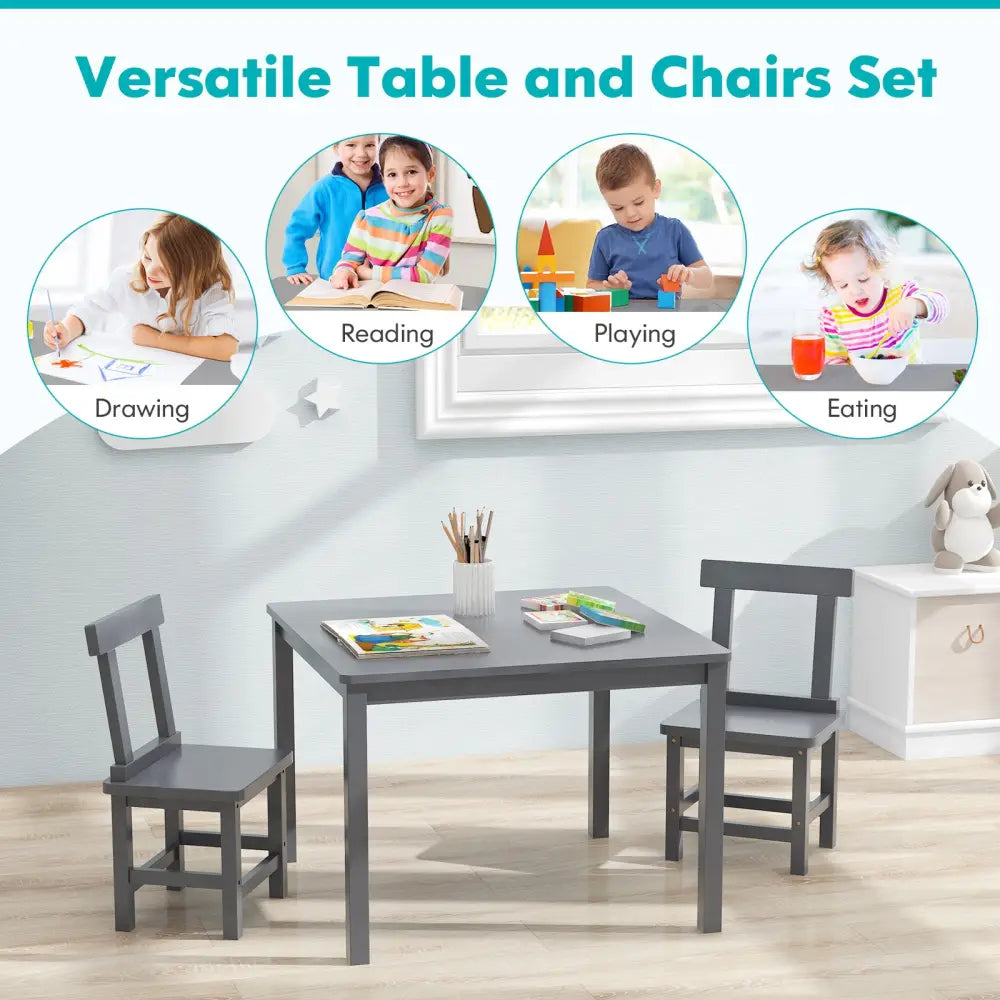 Wooden Kids Table and 2 Chairs Set with Anti-slip Foot Pads-Gray - Gray - Kids Table & Chair Sets