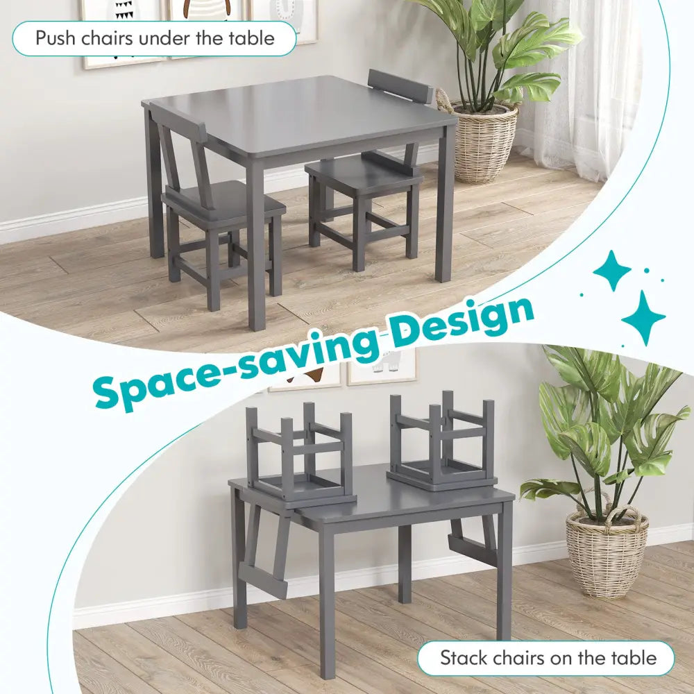Wooden Kids Table and 2 Chairs Set with Anti-slip Foot Pads-Gray - Gray - Kids Table & Chair Sets